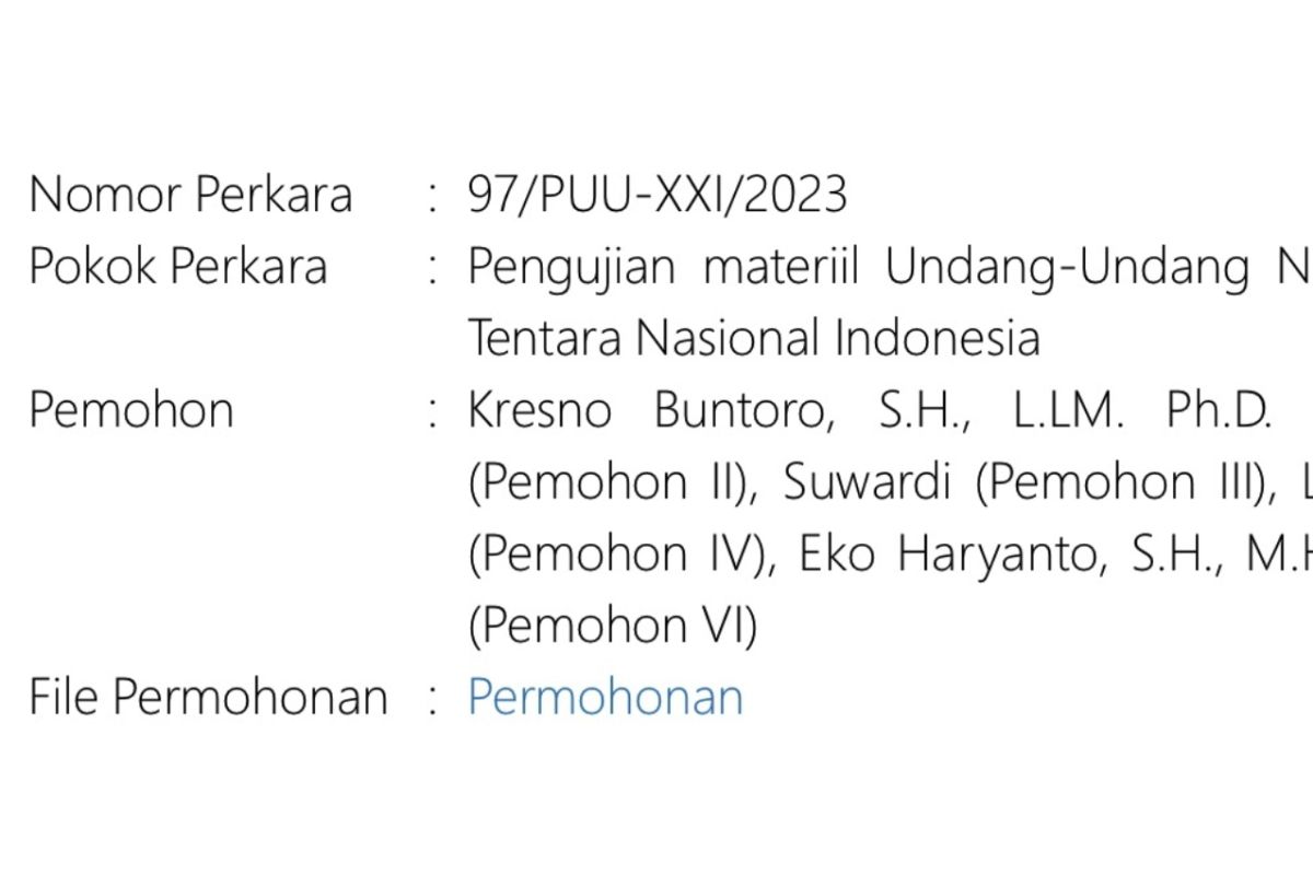 Uji materi UU TNI terkait masa pensiun tercatat buku register MK