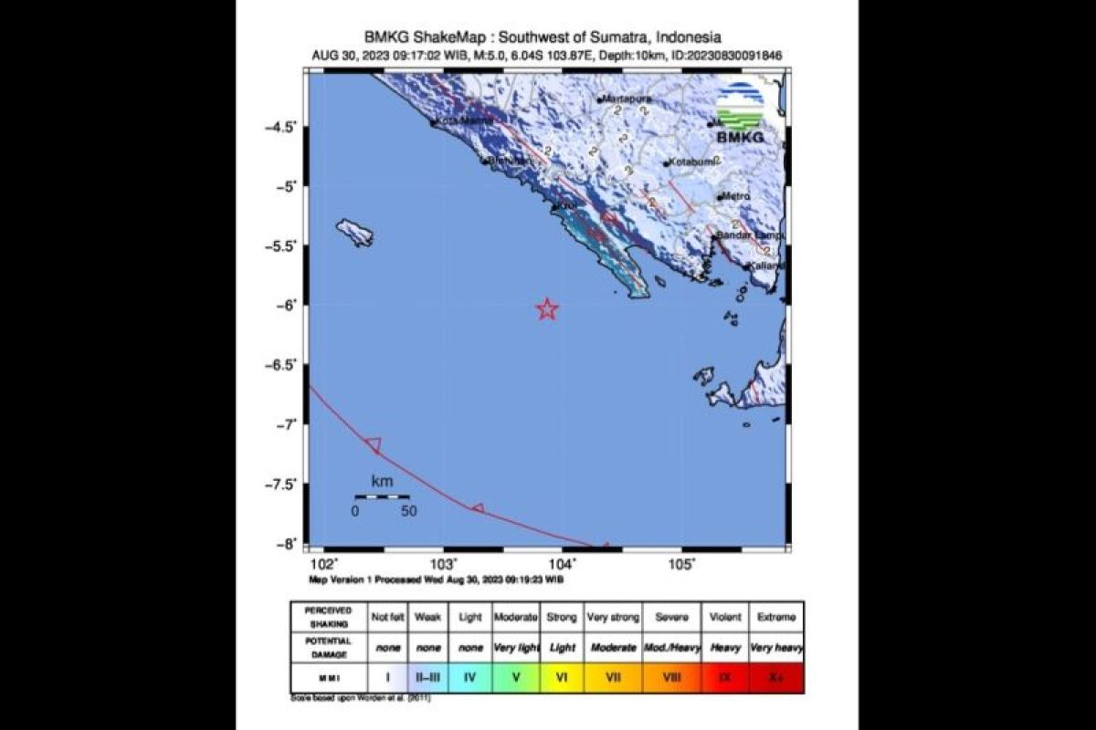 Gempa bumi magnitudo 5,0 terjadi di barat daya Pesisir Barat Lampung