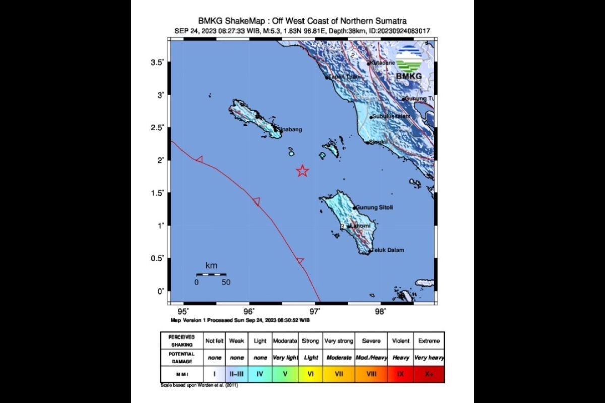 Gempa berkekuatan magnitudo 5,3 terjadi di barat laut Nias Utara