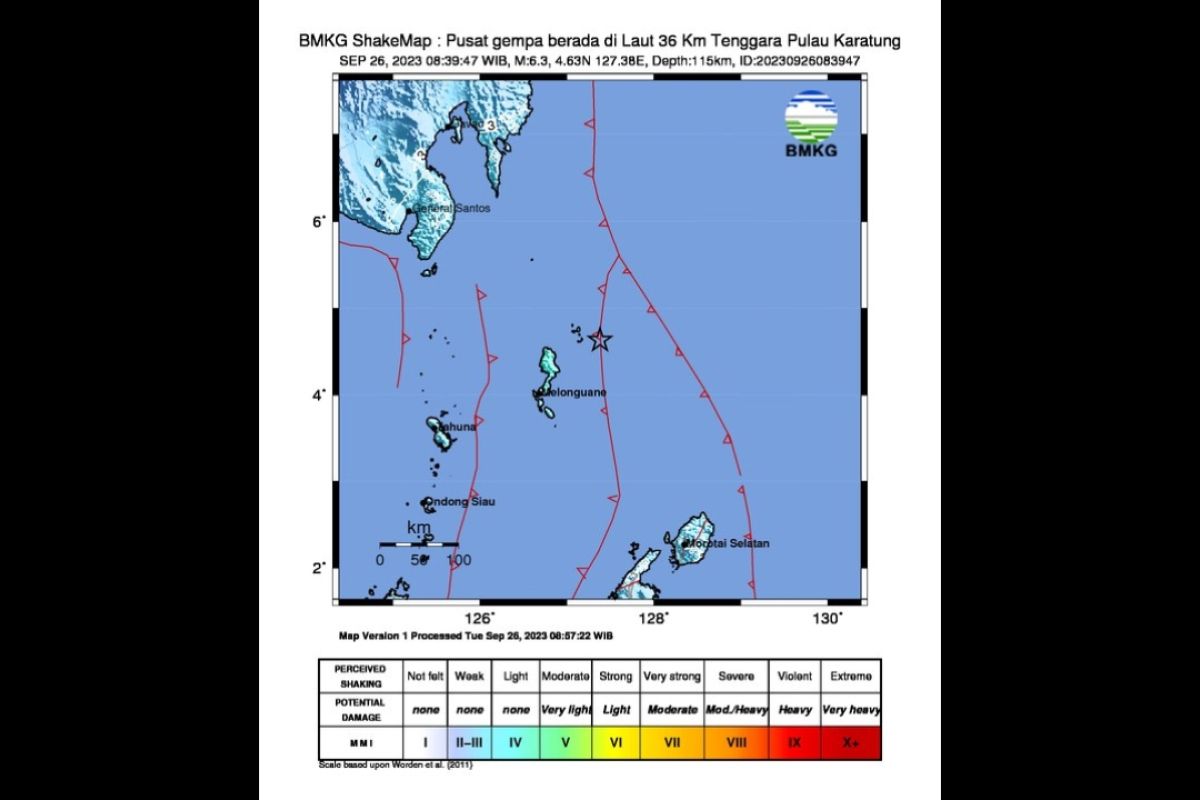 Wilayah Kepulauan Talaud  diguncang gempa M6,3,   tidak berpotensi tsunami