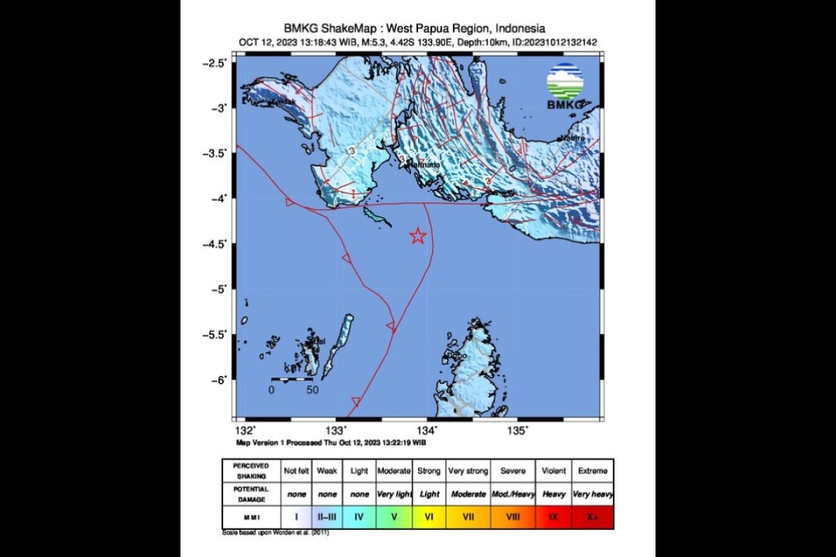 BMKG: Gempa magnitudo 5,3 mengguncang wilayah barat daya Kaimana