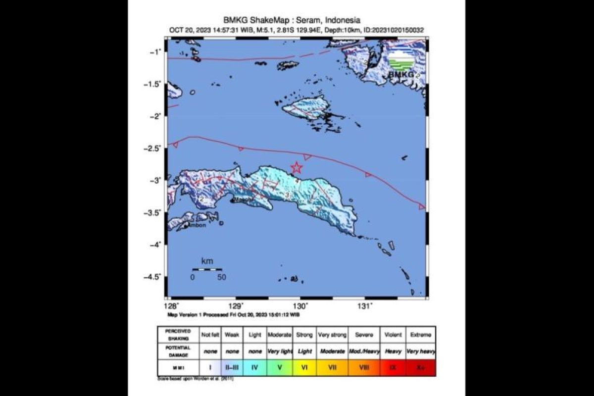 Gempa berkekuatan M5,1 landa wilayah barat laut Seram Bagian Timur