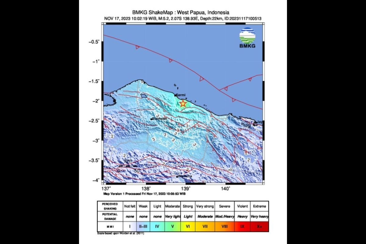 Gempa dengan magnitudo 5,2 terjadi di tenggara Sarmi