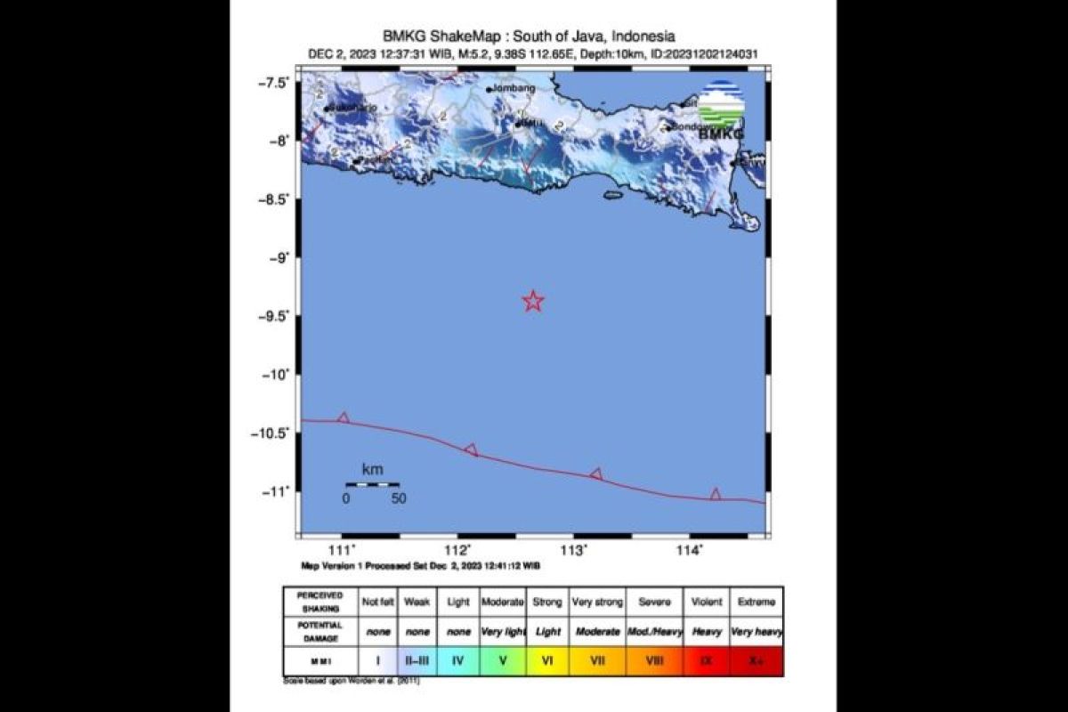 Gempa bumi dengan magnitudo 5,2 terjadi di tenggara Malang