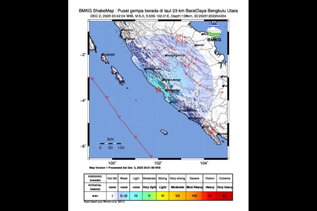 Gempa M5,0 terjadi di barat daya Kabupaten Bengkulu Utara