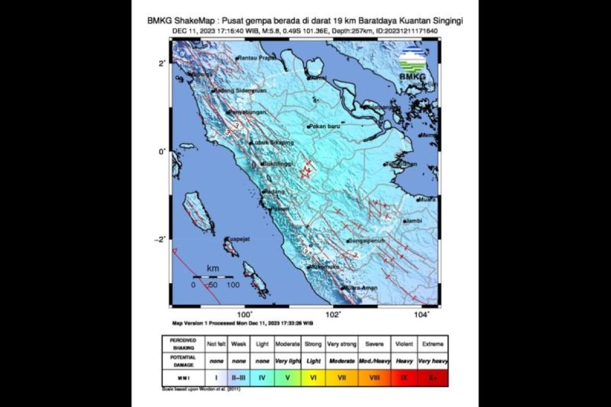 Gempa Magnitudo 5,8 guncang barat daya Kuantan Singingi, Riau, bepusat di darat
