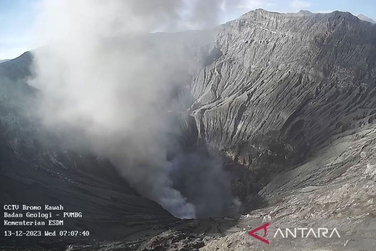 Gunung Bromo mengeluarkan asap putih dan kelabu