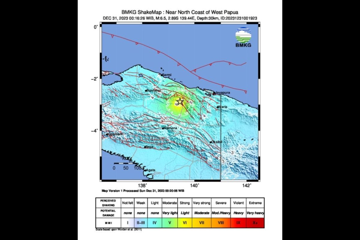 Gempa M= 6,5 guncang timur laut Kobagma Papua