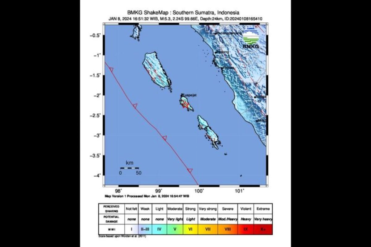 Gempa magnitudo 5,3 guncang wilayah Kepulauan Mentawai