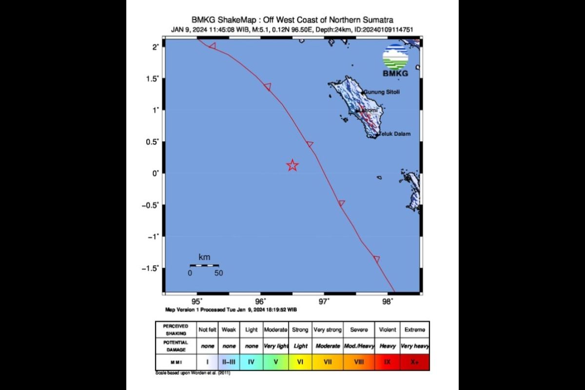 Gempa magnitudo 5,1 guncang wilayah barat daya Nias, tidak berpotensi tsunami