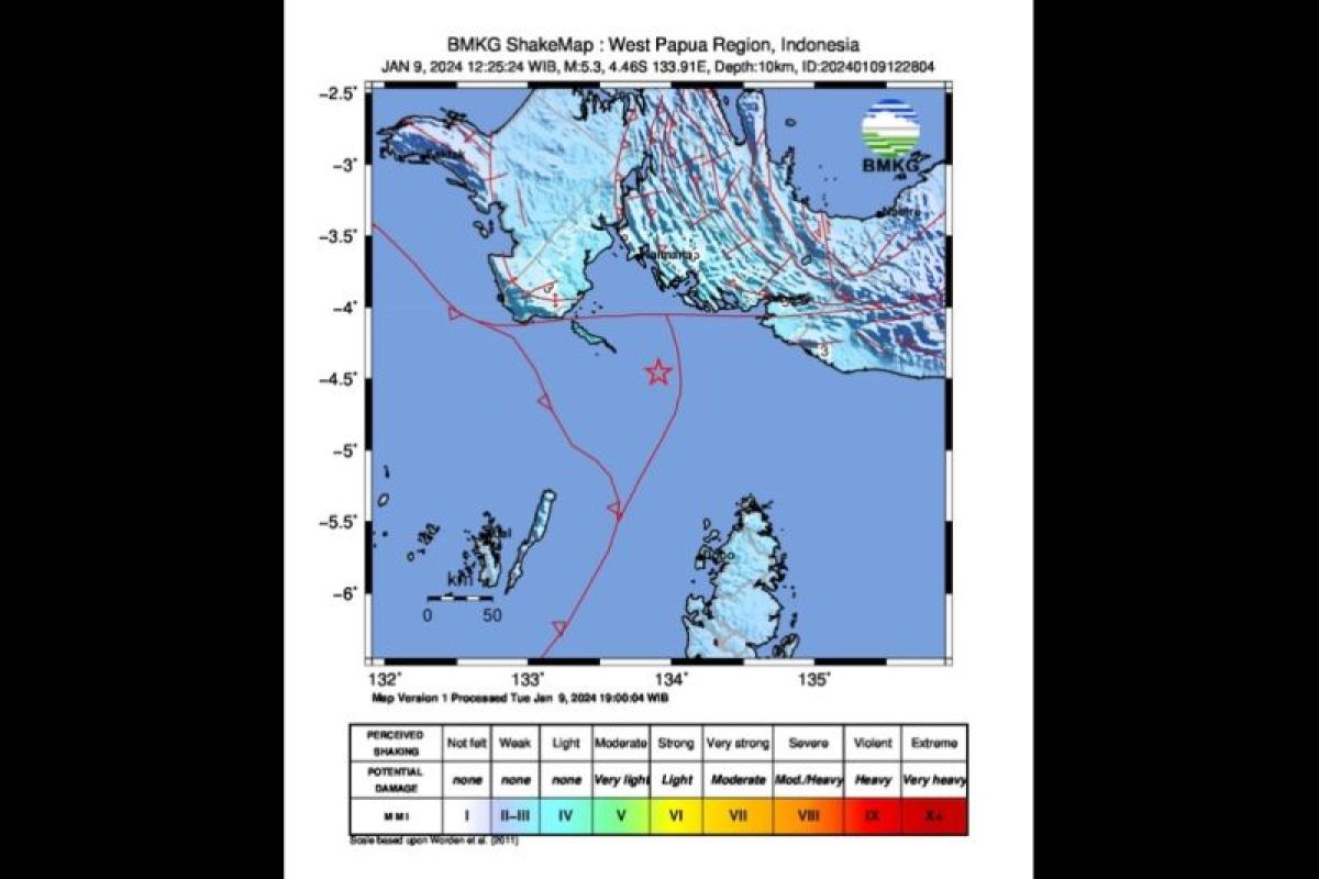 Gempa magnitudo 5,3 guncang wilayah barat daya Kaimana Papua Barat