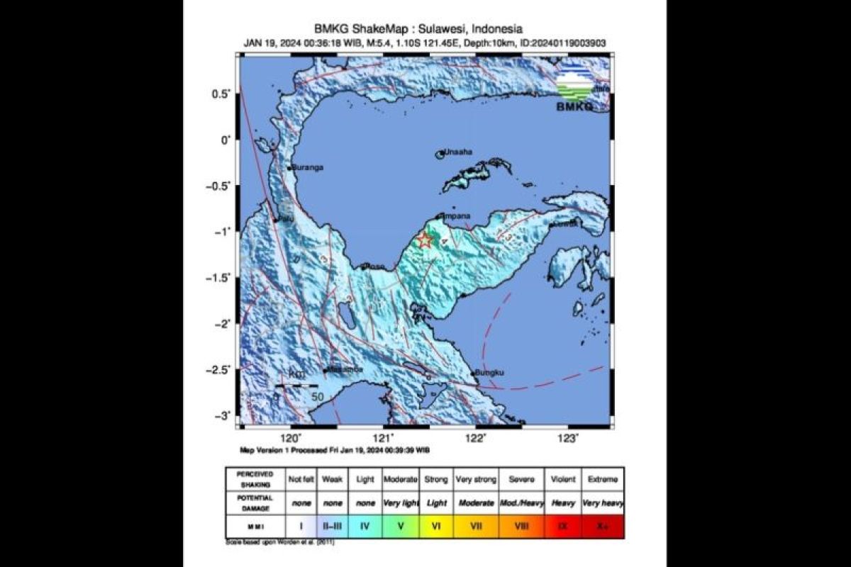 Gempa M5,4 guncang wilayah barat daya Tojo Una-una
