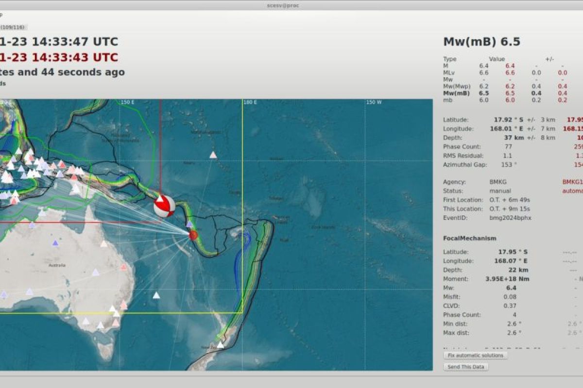 BMKG: Gempa bumi bermagnitudo 6,5 Vanuatu tak berdampak ke Indonesia