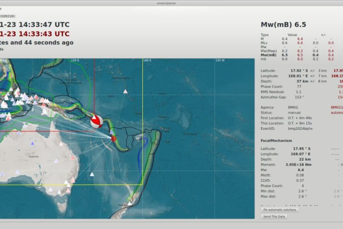 Gempa bermagnitudo 6,5 Kepulauan Vanuatu tidak berdampak ke Indonesia