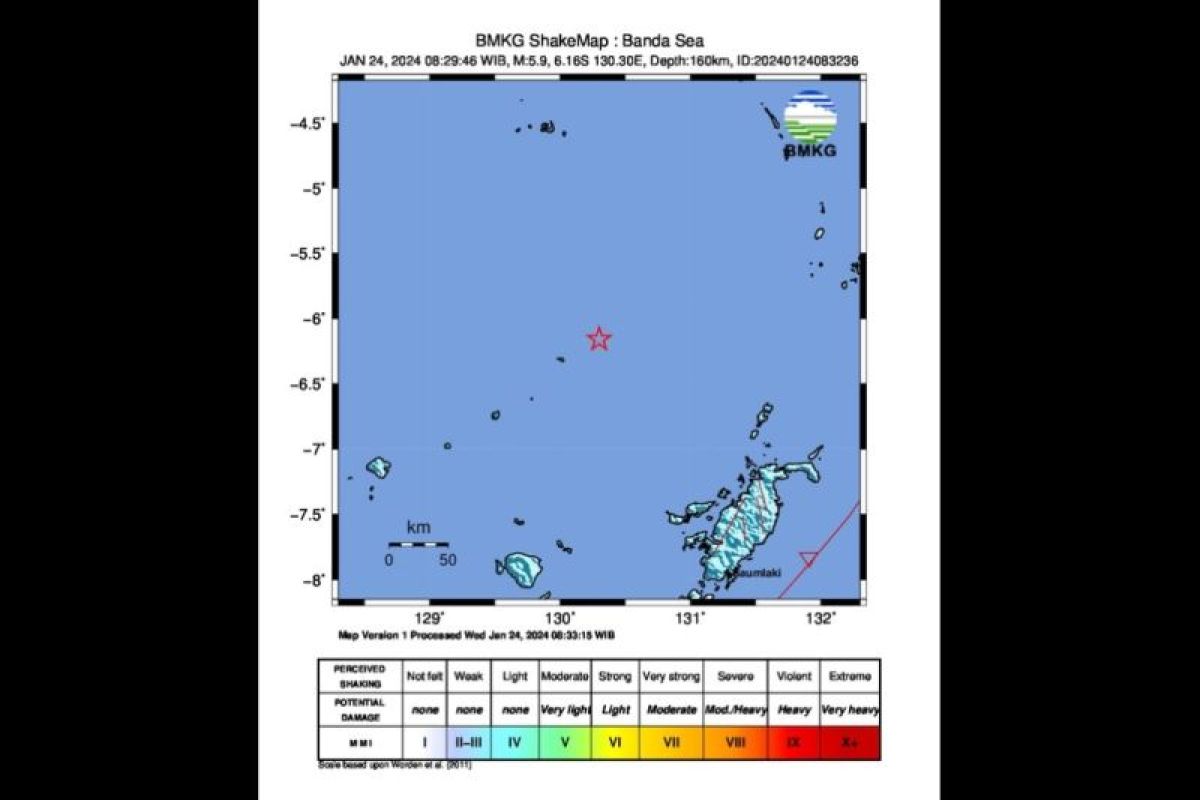 Gempa M5,9 landa wilayah Laut Banda dan tidak berpotensi tsunami