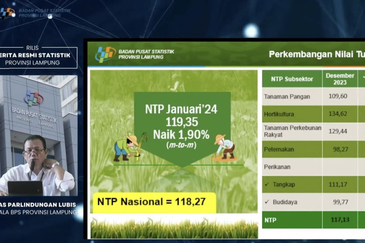 BPS Lampung: Nilai tukar petani di Januari 2024 naik 1,90 persen