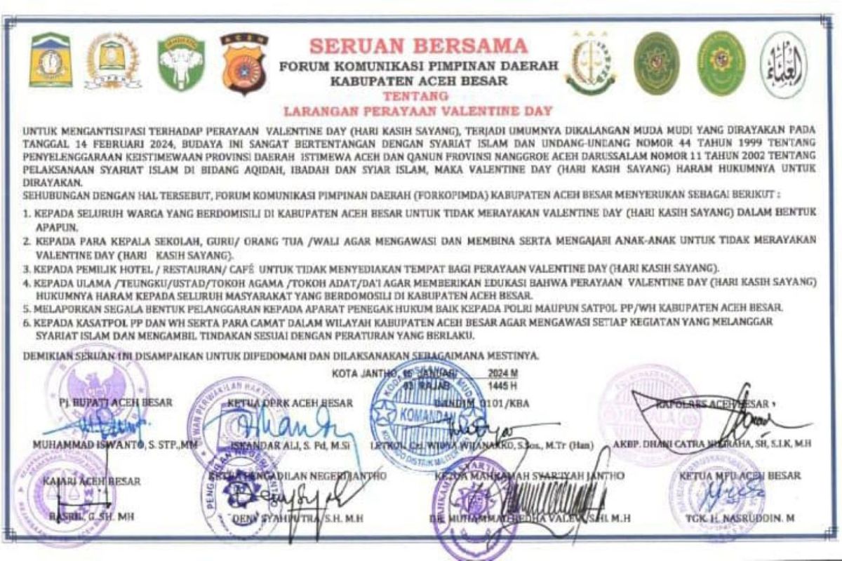 Perayaan Valentine dilarang di Aceh Besar karena bertentangan syariat Islam
