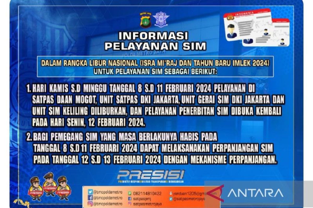 Layanan SIM dan Samsat di DKI Jakarta libur sampai 11 Februari