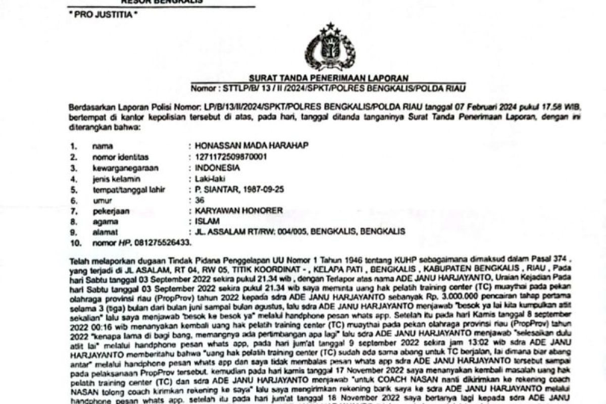 Tak terima uang TC Porprov dipotong, Pengurus Muathay Bengkalis dipolisikan