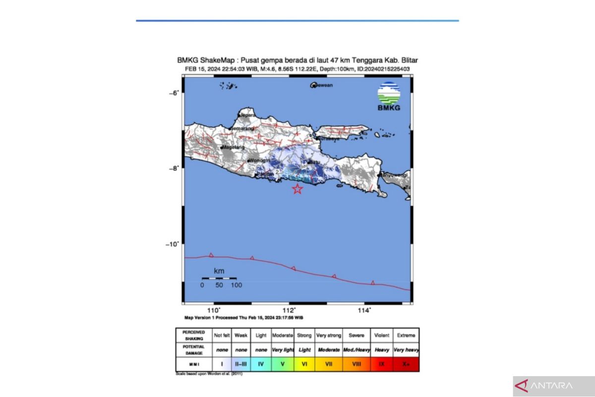 BMKG : gempa magnitudo 4,6 guncang Blitar Jawa Timur