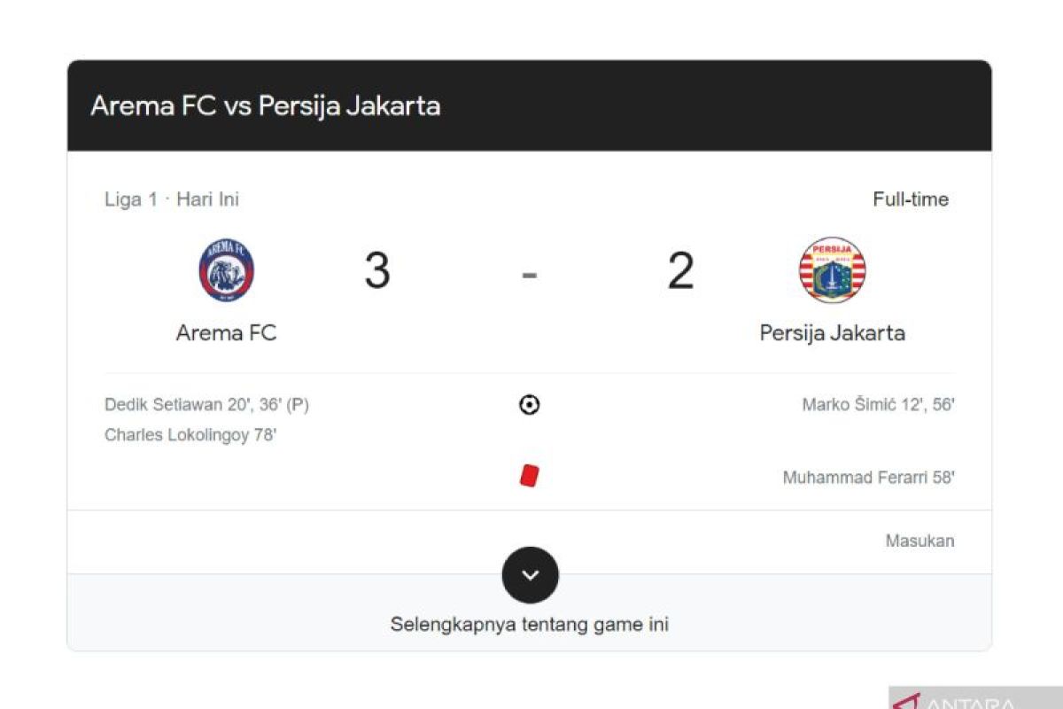 Hasil akhir Arema FC vs Persija Jakarta Singo Edan terkam Macan Kemayoran 3-2