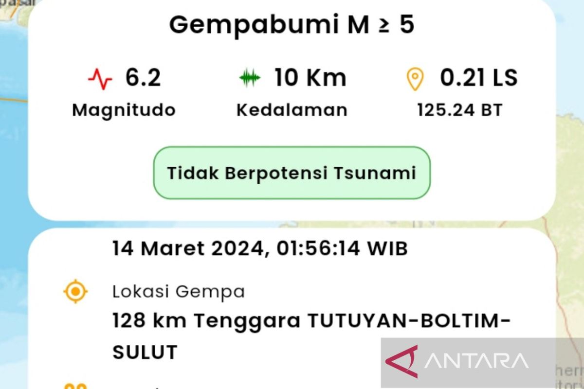 Gempa  6,2 M di Sulut tak berpotensi tsunami