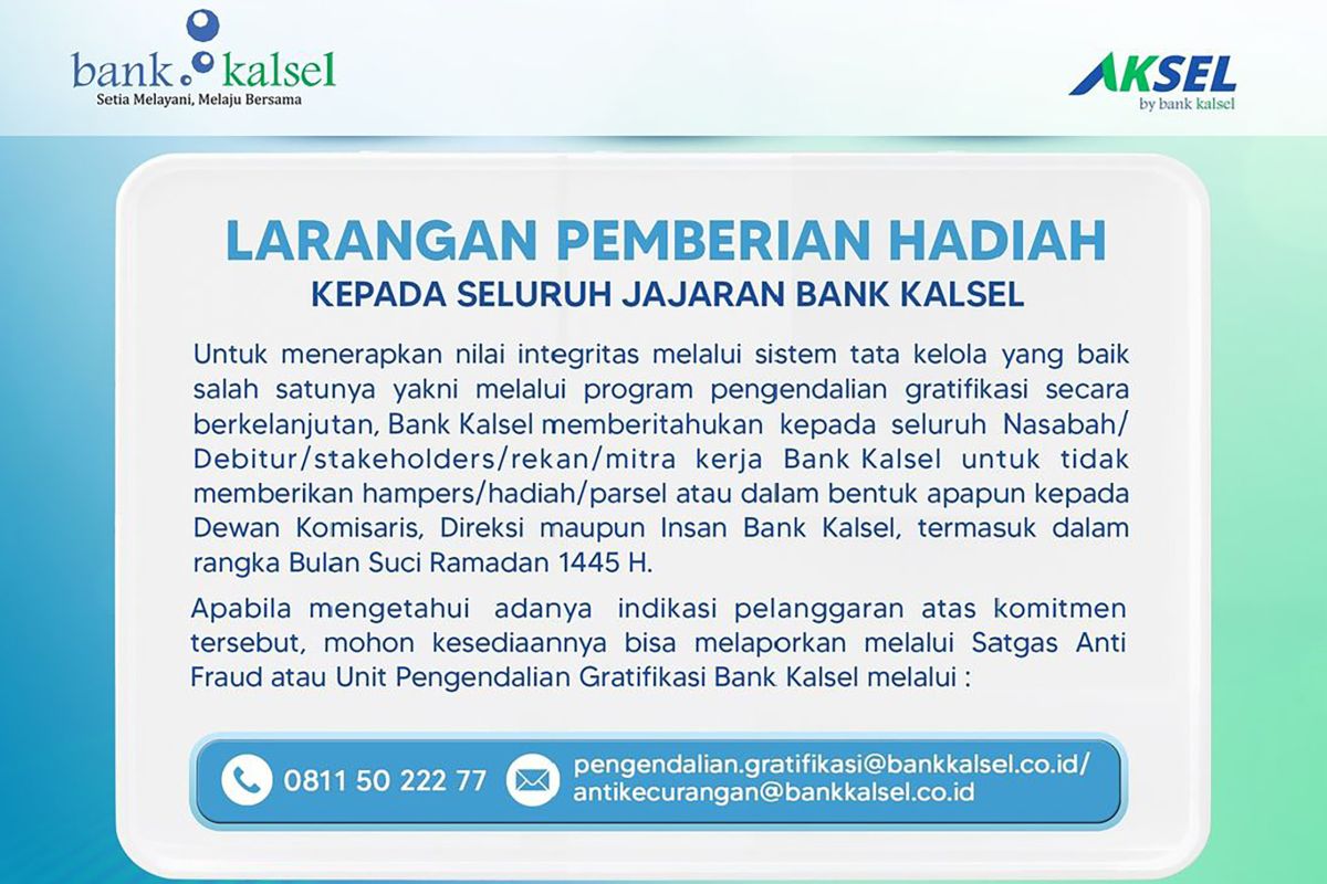 Bank Kalsel larang jajarannya menerima hadiah dari pihak manapun