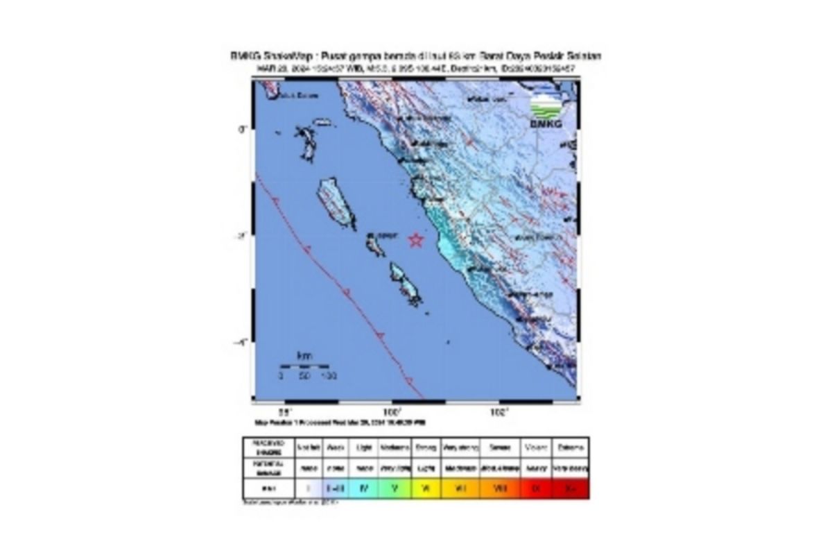 Gempa dengan magnitudo 5,3 terjadi di Pesisir Selatan Sumbar