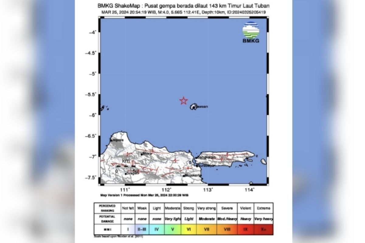 BMKG: Gempa susulan terjadi di Tuban berkekuatan 4 magnitudo