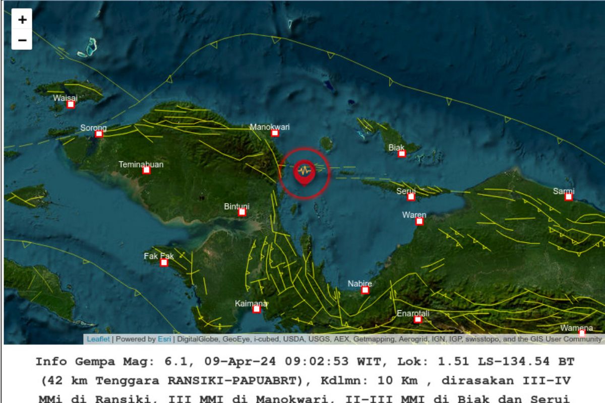 Gempa berkekuatan magnitudo 6,1 landa Ransiki tidak berpotensi tsunami