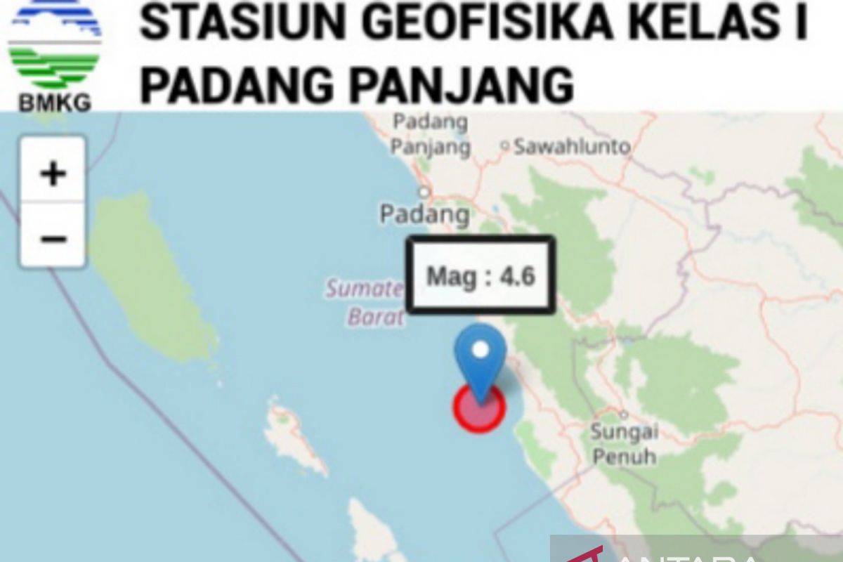 Getaran gempa magnitudo 4,6 Pesisir Selatan terasa hingga Padang