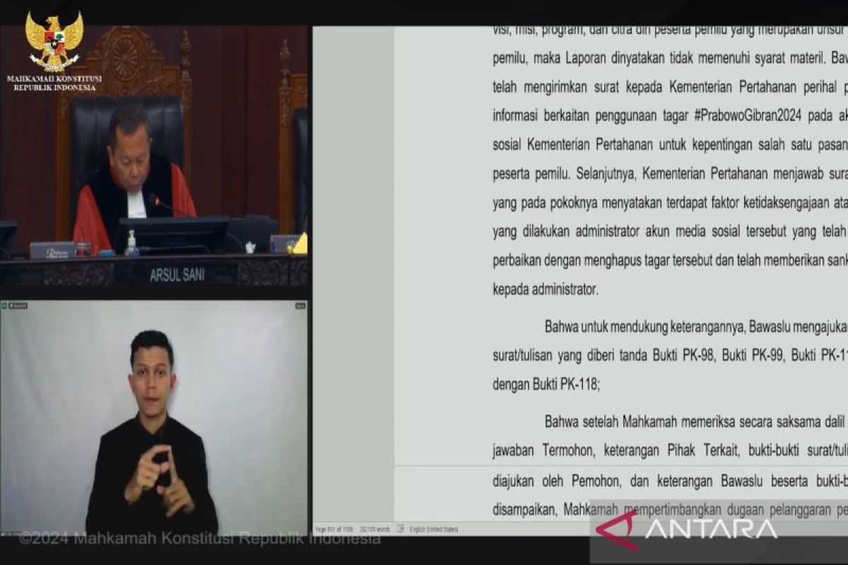 MK tolak dalil AMIN soal Twitter Kemenhan untuk kampanye Prabowo-Gibran