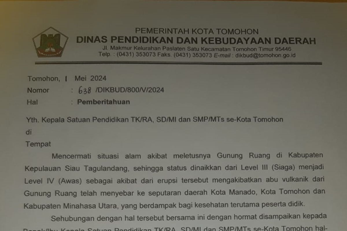 Peringatan Hardiknas di Tomohon ditunda akibat debu vulkanis Gunung Ruang