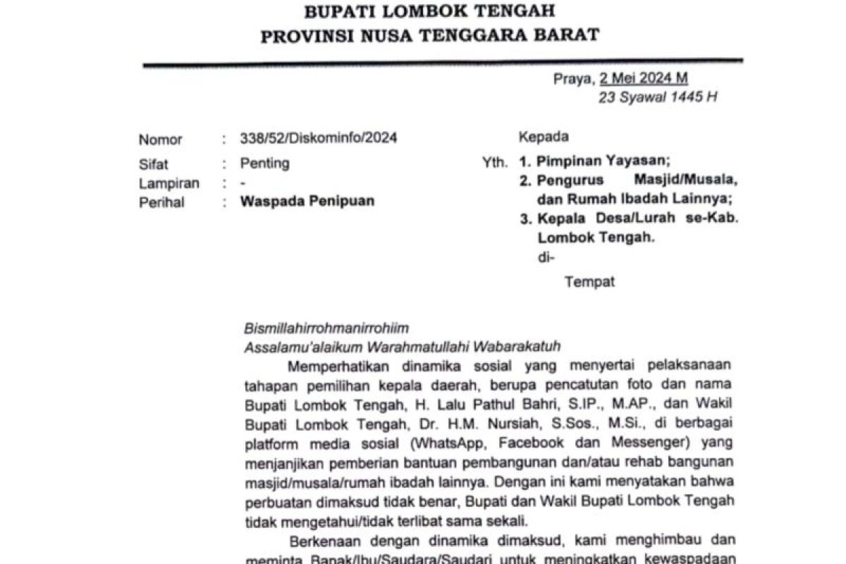 Nama bupati Lombok Tengah dicatut untuk pemberian sumbangan