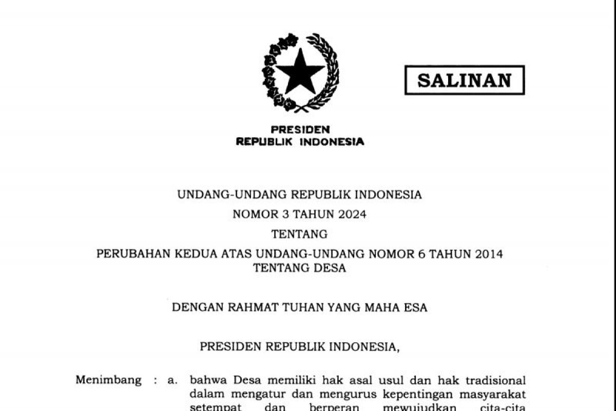Presiden Jokowi teken UU Desa dan perpanjang masa jabatan kades hingga dana rehabilitasi