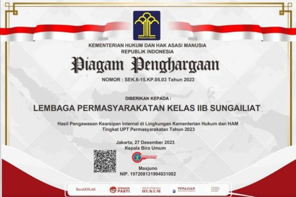 Unit Kearsipan Lapas Sungailiat terbaik ketiga nasional antar UPT pemasyarakatan