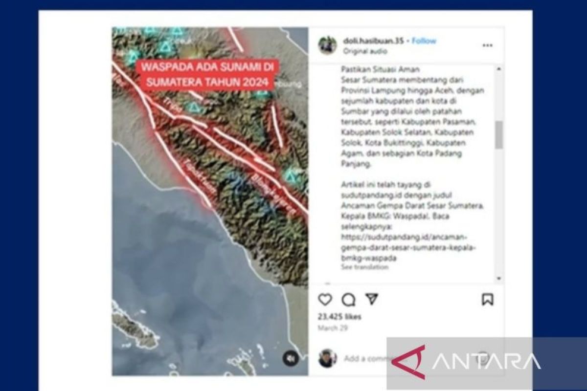 BMKG stresses Great Sumatran Fault to not trigger tsunami