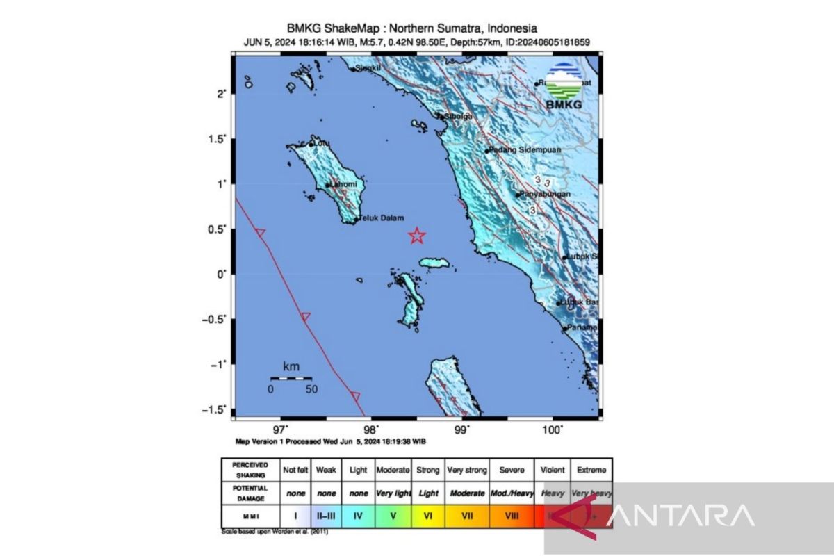 Gempa magnitudo 5,7 guncang Nias Selatan