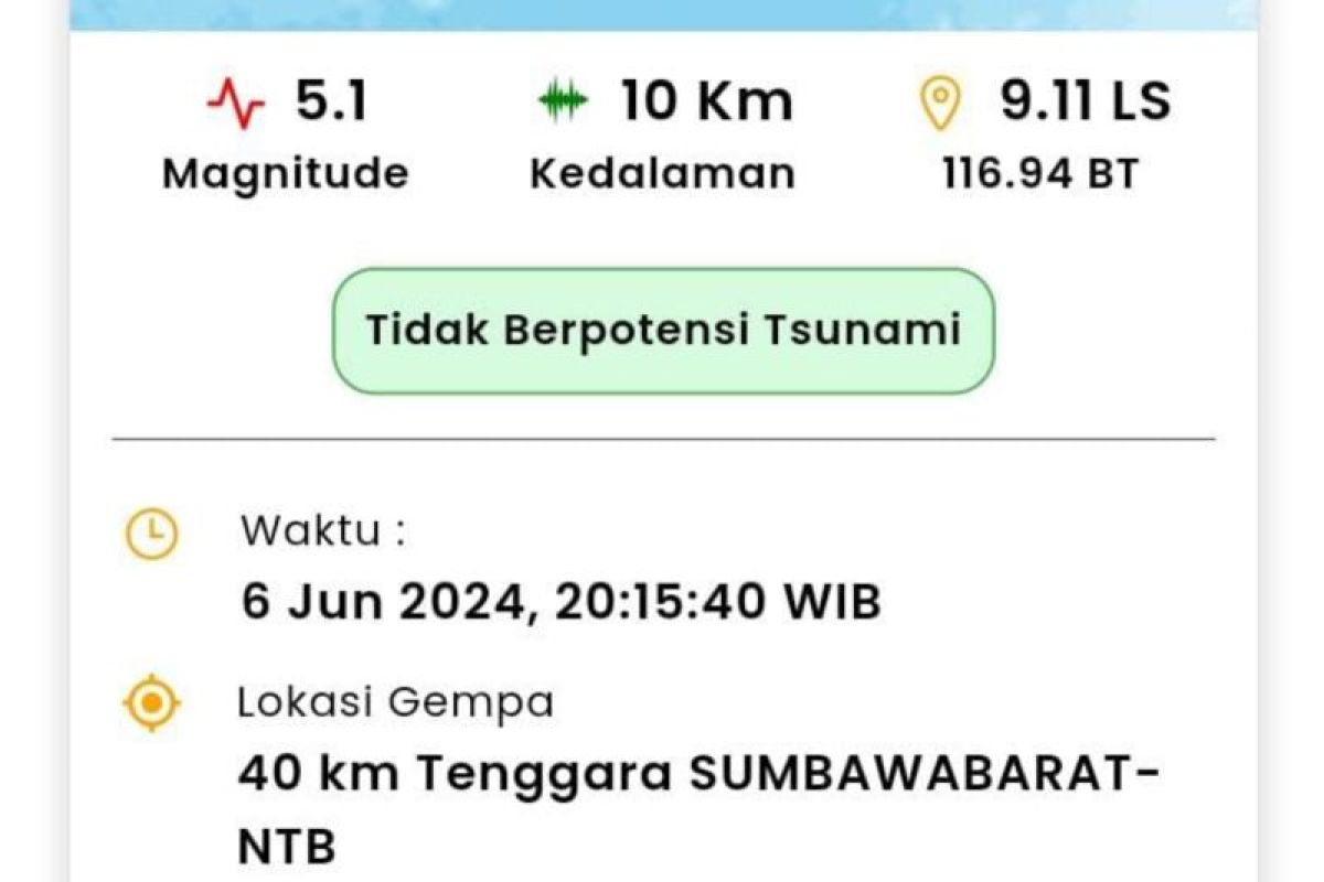 NTB diguncang gempa dengan magnitudo 5.1