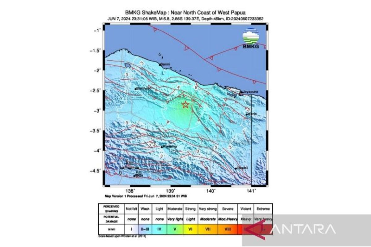 Gempa bumi 5,8 magnitudo guncang Papua Pegunungan