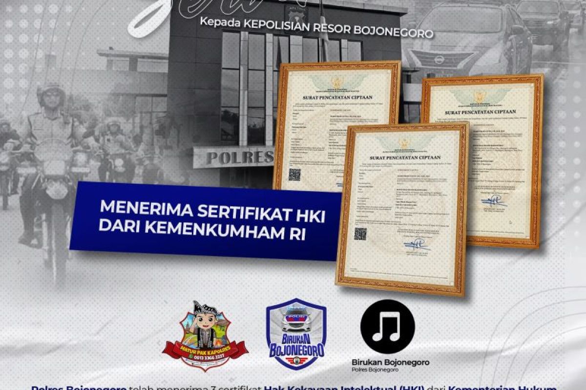 Polres Bojonegoro terima tiga sertifikat HKI dari Kemenkumham