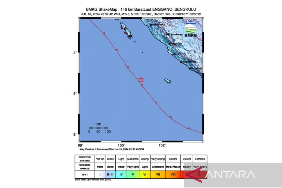 Gempa 5,8 magnitudo guncang Bengkulu pada Rabu malam