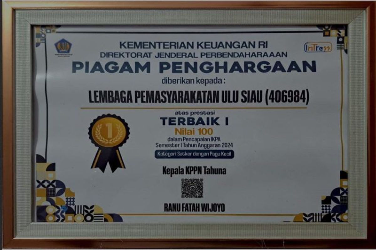 Lapas Ulu Siau raih penghargaan  IKPA terbaik semester I dari KPPN