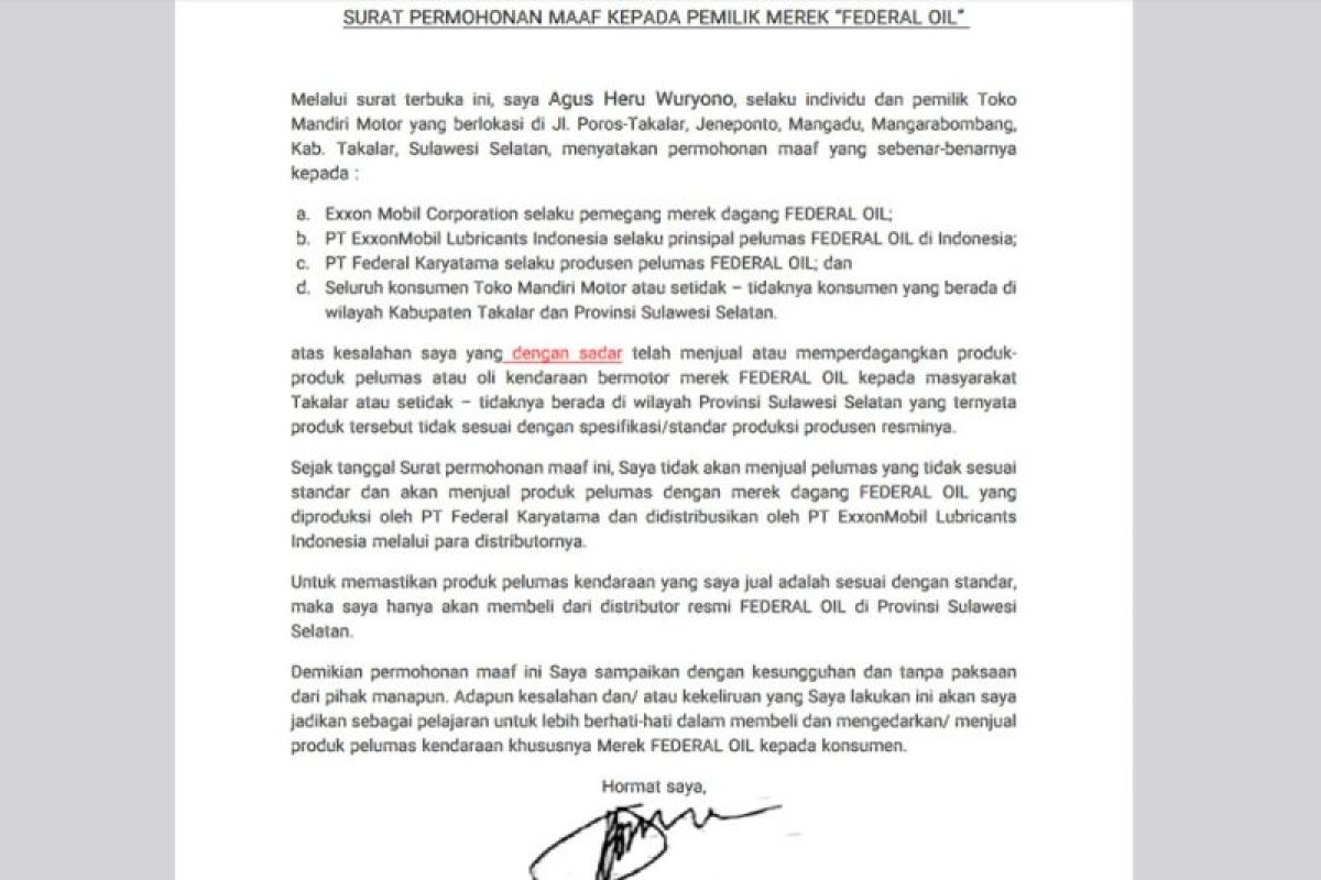 Permohonan maaf kepada pemilik FEDERAL OIL