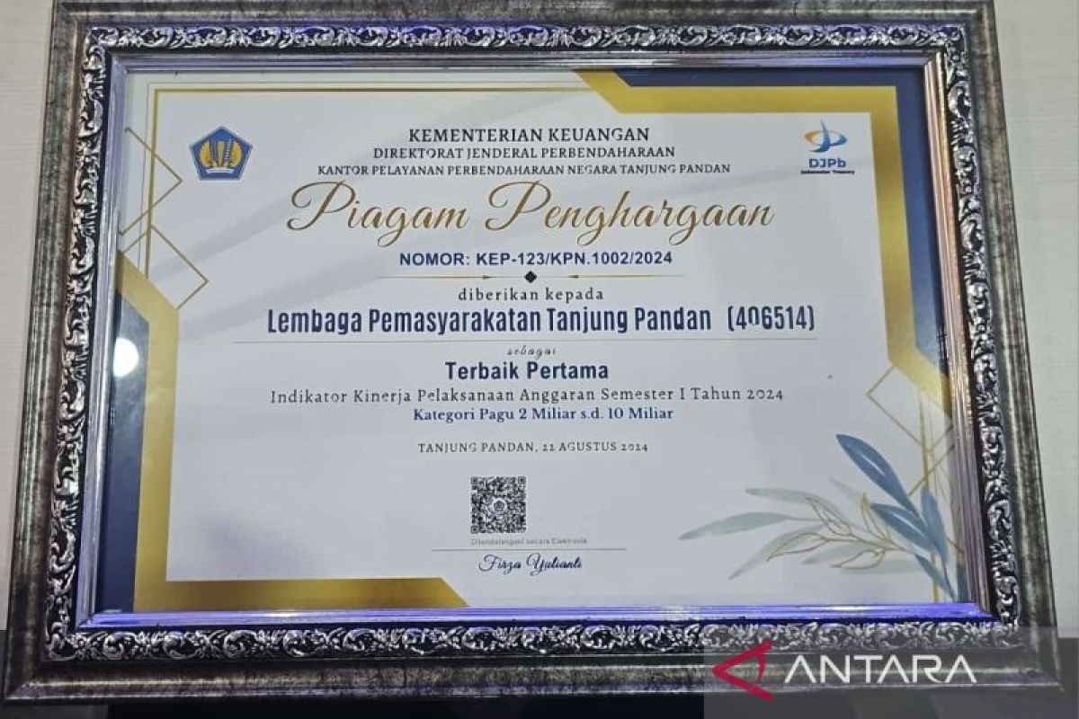 Terbaik pertama pengelolaan anggaran, Lapas Tanjungpandan terima penghargaan dari KPPN