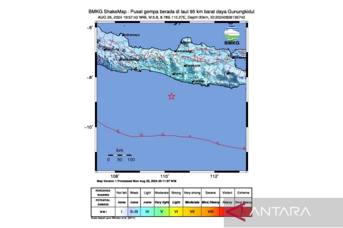 Gempa 5,8 magnitudo guncang Gunung Kidul