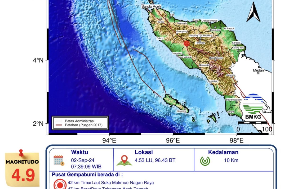 BMKG: Gempa tektonik M 4,9 di Nagan Raya tidak berpotensi tsunami