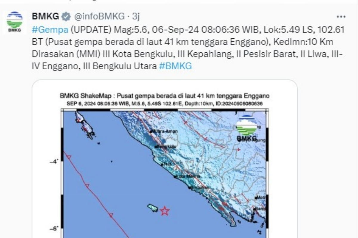 Gempa bumi berkekuatan 5,6 magnitudo guncang wilayah Bengkulu dan sekitarnya