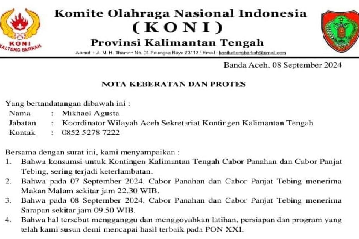Kalteng ajukan protes ke panitia PON Aceh akibat keterlambatan konsumsi