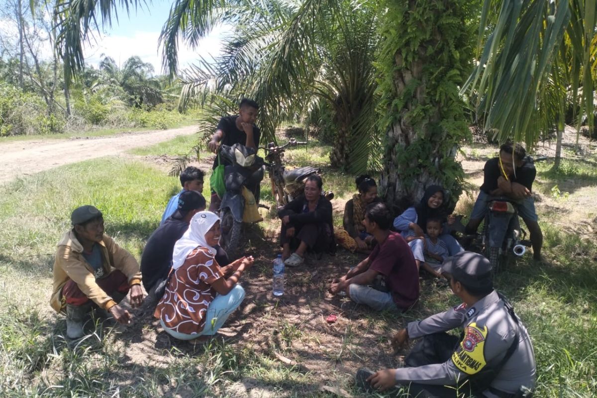 Bercengkrama akrab di kebun sawit, personel Polsek Panipahan sampaikan pesan pilkada damai